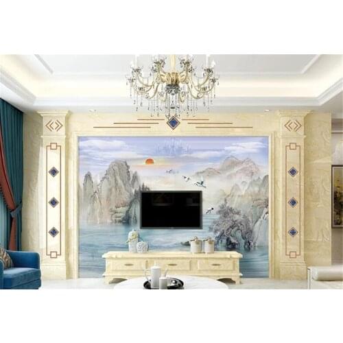 Milofi customized 3D large wallpaper mural new Chinese cloud crane flying ink artistic conception landscape background wall
