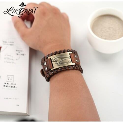 LIKGREAT Mens Stylish Viking Leather Wrap Bracelets Rock Punk Eye of Horus Egyptian Isis Talisman Male Wrist Jewelry Adjustable
