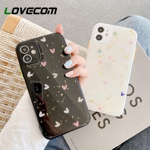LOVECOM Cute Heart Gold Foil Phone Case For iPhone 12 Mini 11 Pro Max XR XS Max 7 8 Plus Soft Epoxy Shockproof Back Cover Coque