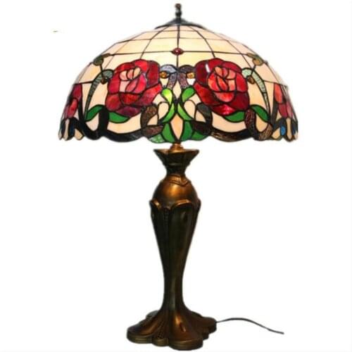 Dia 50cm Pastoral European Tiffany Roses Glass Table Lamp for Foyer Bed Room Bar Apartment Glass Reading Light H 73cm 1035