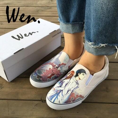 Wen Design Custom Anime Hand Painted Sneakers Steins;Gate Okabe Rintarou Makise Kurisu Unisex Slip On Comfortable Canvas Shoes