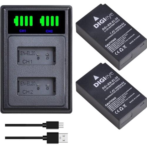 2Pcs EN-EL20 EN EL20 EN EL20a Battery + LED Dual Charger Type C Port for Nikon Coolpix P1000 Nikon1 J1, J2, J3 Nikon1 AW1,1 S1
