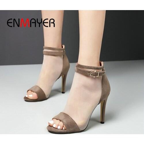 ENMAYER Gladiator Mesh (Air Mesh) Cover Heel Women Sandals 2020 Luxury Shoes Women Designers Thin Heels Zipper Women Shoes