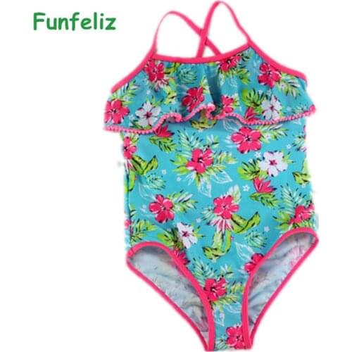 Funfeliz Girls Swimsuit Print Ruffle Baby Girl bathing suit Children swim wear one piece Swimwear Kids Swimming suit 3Y-14Y