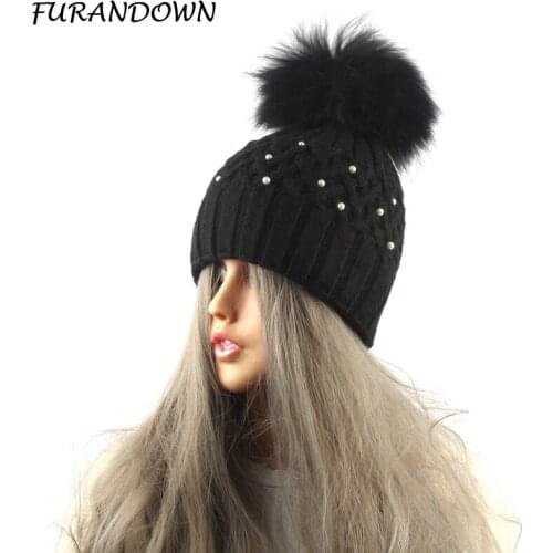 FURANDOWN 2018 Fashion Wool Rabbit Fur Knitted Hats For Women Winter Pompon Hat Pearl Embed Skullies Beanies