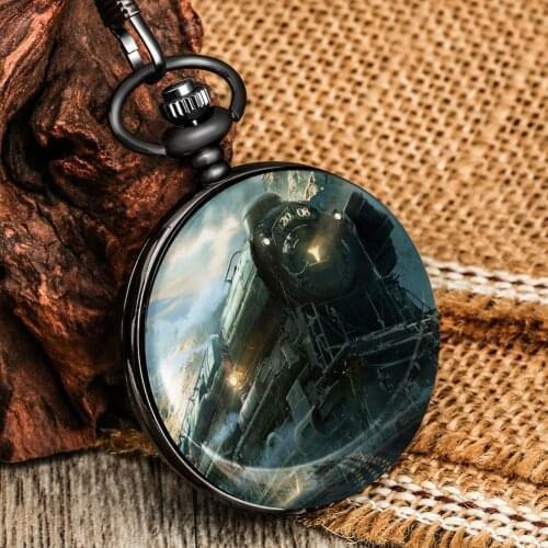Steampunk Pocket Watch Train Vintage Pattern Quartz Digital Dial Thick Chain Pendant Necklace Watch Collect Souvenirs For Male