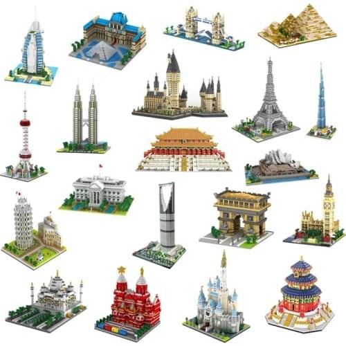YZ City Architecture Building Blocks Castle Louvre Museum Notre Dame de Paris Khalifa Tower Pyramid Bridge Micro Brick Toys