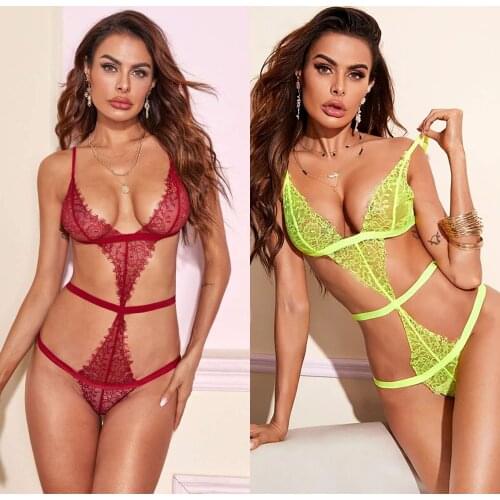 Lace Sexy Lingerie New Hot Porno Women Hollow Bodysuit Bra Wireless Bandage Bra Thong Set Underwear Pajamas Erotic Sleepwear