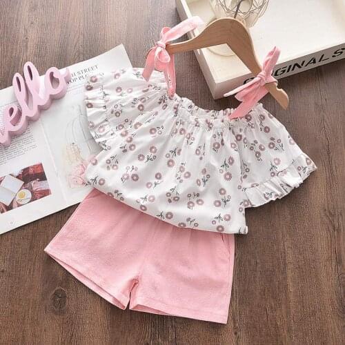 Fashion Girls Clothes 2021 Summer Sweet Young Children Sling Lace Dress Costume Set Little Girl Pink Wave Dress Suit Clothing