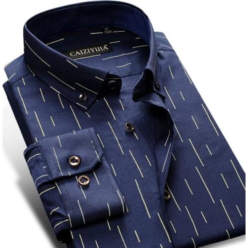 Mens Long Sleeve Striped Print Shirt Slim Fit Button Down Collar Casual Social Male Shirts No Pocket