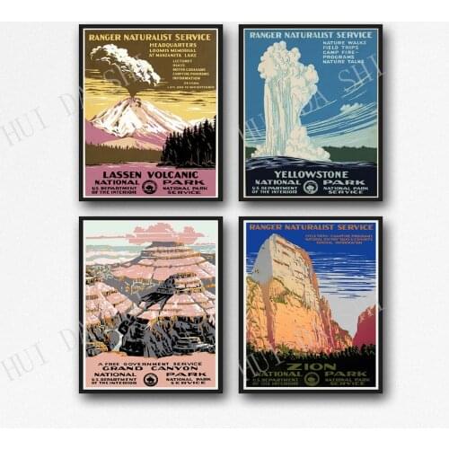 Set of 4 National Park Posters from late 1930s Yellowstone Lassen Volcanic Grand Canyon and Zion National Parks WPA Posters