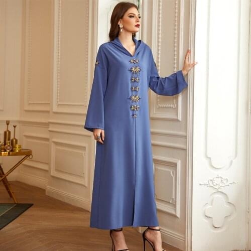 Fridayin Womens Fashion V-neck Long Sleeve Blue Edged Hand-Sewn Rhinestones and Hooded Abaya Robe Elegant Dress