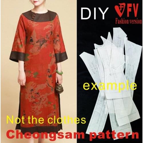Improved cheongsam pattern female earthen fragrant cloud yarn round neck robe cutting drawing 1:1 garment making pattern BQP-74
