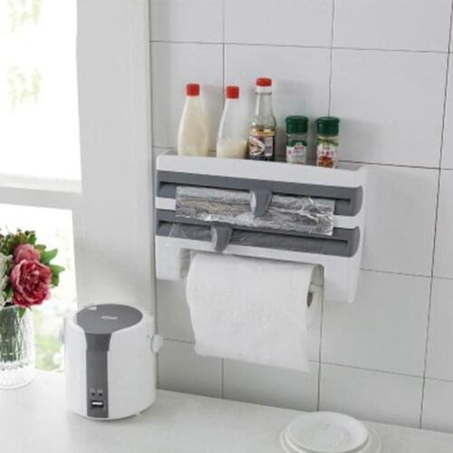 Cling Film Storage Rack Roll Paper Towel Holder Shelf Wrap Cutter Kitchen Tool
