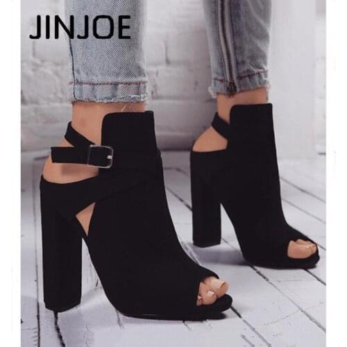 JINJOE woman shoes High heels Rome style Gladiator pumps Ankle Buckle Strap sandals Peep Toe Flock Square heel party shoes 10c'm