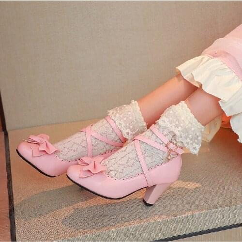 Lolita High Heels 7.5cm Sweet Japanese Bowknot Cross Buckle Thick Heel Shallow Mouth Round Toe Girl Anime Kawaii Loli Shoes