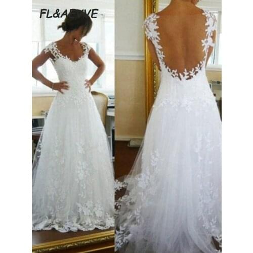 Vintage White Lace Wedding Dresses Backless A-Line V-neck Sweep Brush Train Sleeveless Tulle Wedding Dresses