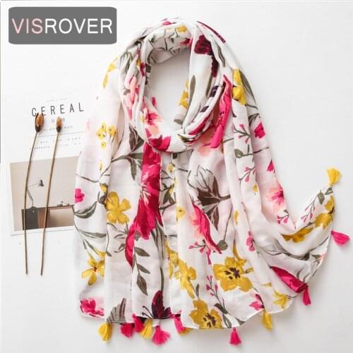 VISROVER New Pink Flower Printing Viscose Autumn Women Scarf Tassel Fashion Winter Yellow Scarf Shawls Hijab Gift Wholesales