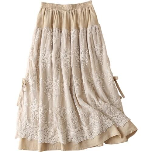 Free Shipping 2021 New Long Maxi Skirts Women Elastic Waist Spring And Summer Linen Cotton Skirt Embroidery Flower Lace Pockets