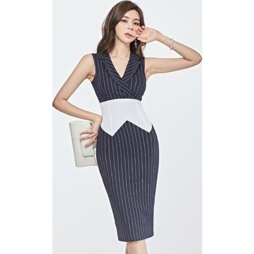 Korean Style Womens Dresses New Arrival 2020 Sleeveless Corset Print Striped OL Office Work Dress Woman Midi Wrap Bodycon Dress