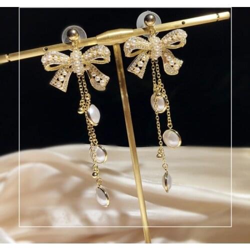 S925 Silver Drop Earrings For Women Vintage Baroque Freshwater Pearls Cubic Zirconia Bowknot Fine Jewelry Long Tassels Earring