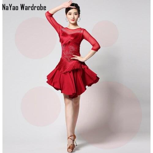 2020 New L67 Half Sleeve Tassel Lotus Design Latin Dance Dress Women Performance Costume Waltz Tango Latino Dancewear