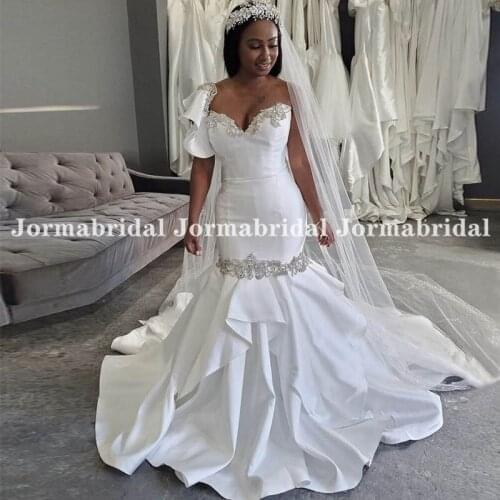 Shiny Silver Bead Mermaid Wedding Dress White Satin Tiered Skirt Long Chapel Train One Shoulder Bridal Dresses Vestidos De Novia