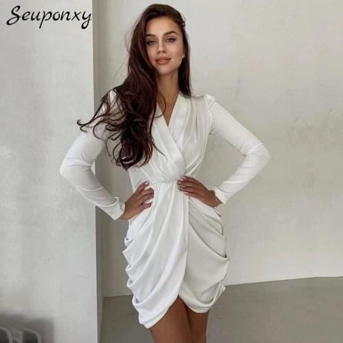 High Quality Spring 2021 Sexy V-Neck Long Sleeve Draped Dress Elegant WomenS White Bodycon Celebrity Club Party Dress Vestidos