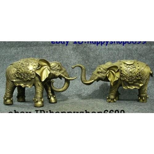 12" Rare Old China FengShui Brass Auspicious Wealth African elephant Statue Pair