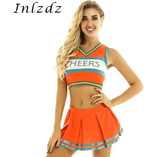 2Pcs Womens Lingerie Cheer Uniform Cheerleader Cosplay Costume Outfit V Neck Sleeveless Crop Top with Mini Pleated Skirt