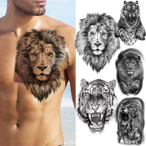 3D Realistic Lion Temporary Tattoos For Men Adult Tiger Knight Tribal Fake Tattoo Body Art Painting Water Transfer Tatoo Sticker