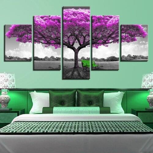 5D Diy Diamond Painting 5 Panel Purple Big Tree Green Chair Diamond Embroidery Rhinestones Full Square Round Wall Sticke A2045