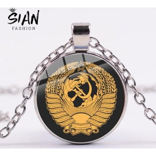 SIAN Retro USSR Soviet Badge Necklace Sickle Hammer CCCP Russia Emblem Communism Symbol Glass Round Pendant Chain Unisex Jewelry