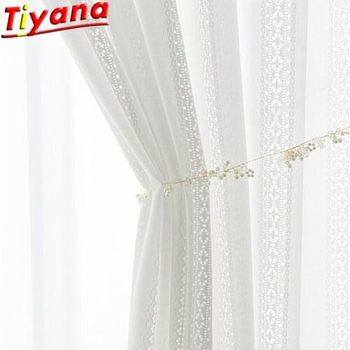 White Vertical Striped Hollow Tulle Curtains for Living Room Semi-Blackout Blinds Yarn for Bedroom Balcony #VT
