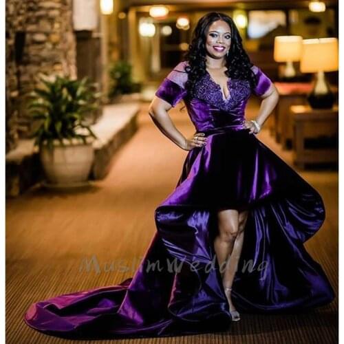 Elegant Purple High Low Prom Dresses With Lace Short Sleeve African Velvet Evening Gowns Plus Size Black Girls Formal Prom Dress