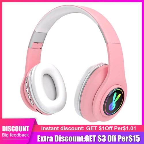 5.0 Bluetooth Headpset Cute Little Rabbit RGB LED Light Girl Kids Stereo Music Wireless Auscultadores with Microphone for xiaomi