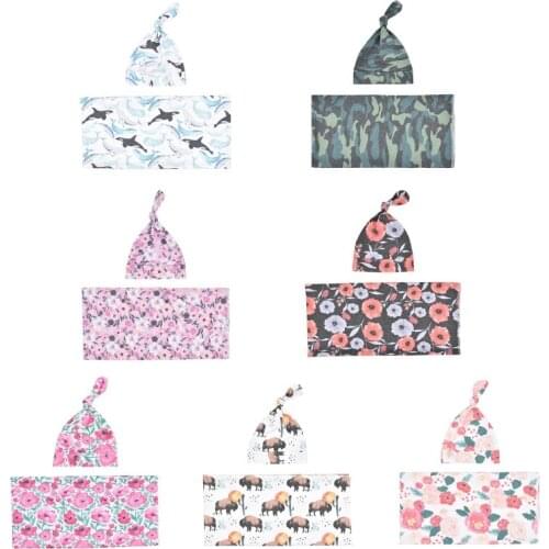 HX5D 2 Pcs Newborn Photography Props Baby Floral Receiving Blanket+Beanie Set Infants Sleeping Swaddle Wrap Turban Hat