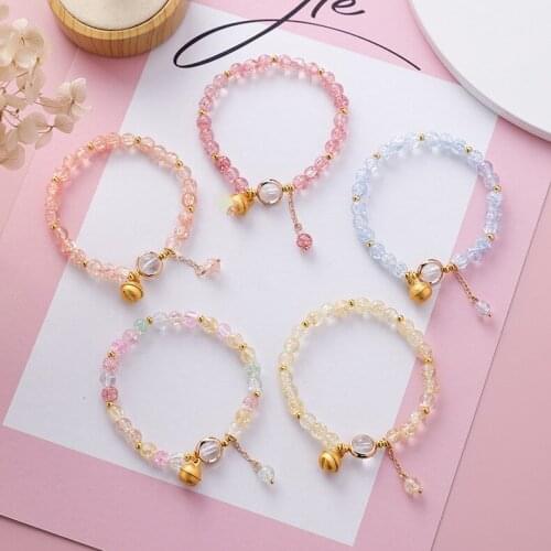 Korean Sweet Girls Colorful Crystal Beaded Bracelets Fashion Jewelry Accessory Metal Bell Pendant Bracelet Bangle Women Bracelet
