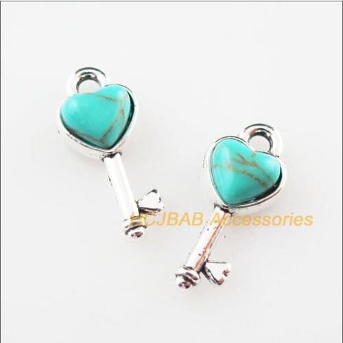Fashion 20Pcs Retro Tibetan Silver Tiny Heart Key Stone Charms Pendants 7x16mm