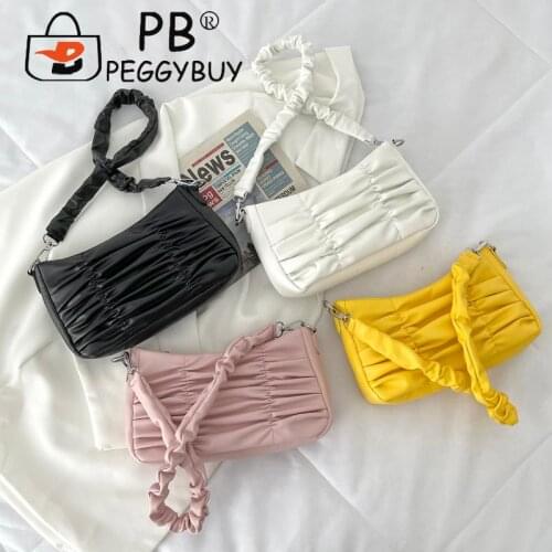 Fashion Pleated Design PU Leather Shoulder Underarm Womens Bag Casual All-match Solid Color Travel Zipper Small Handbags