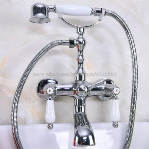 Chrome Finish Bath Shower Faucet Set Dual Knobs Wall Mounted Bathtub Mixers with Handshower Swive Tub Spout Kna202