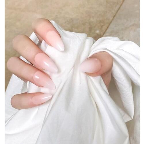 Fake Nails Long Pointed Tip Pink and White Gradient Nail Stickers Finished Nail Stickers 24 Pcs Nail Stickers With Glue SANA889