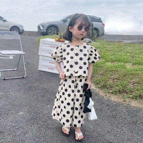 Girls clothes summer two-piece fashion new polka dot print Short sleeve cardigan coat + wide-leg pants Quality children clothing