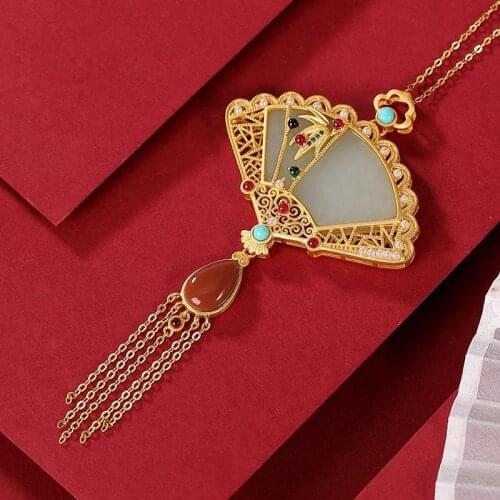 One plus Three Original S925 Sterling Silver Gilding Hetian Jade Gray Jade National Style Classical Fan Tassel Sweater Chain Pen