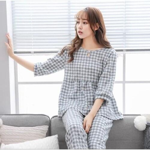 Pajamas ladies plaid trousers suit round neck cotton pajamas loose casual home clothes evening clothes nuisete femme sexy new