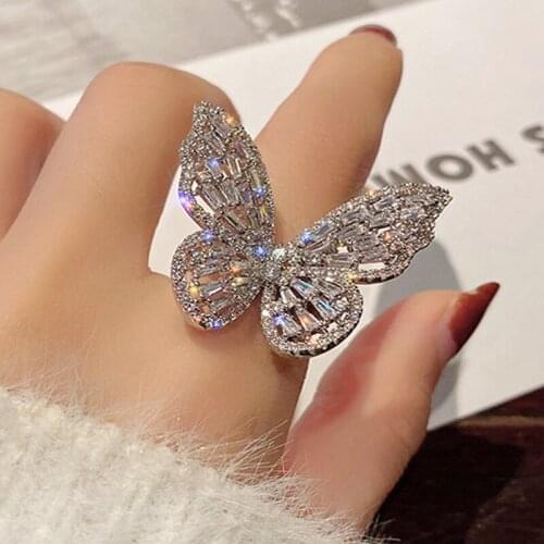 Adjustable Fine Hollow Butterfly Rings Full Rhinestone Zircon Inlaid Minimalist Ring For Womens 2021 New Fashion Jewelry Gifts