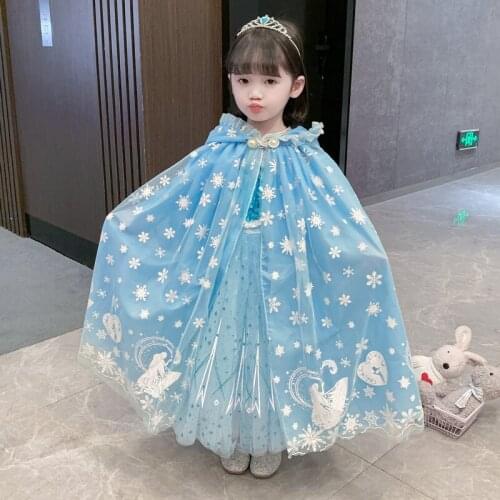 Snow Queen Girls Dress Frozen 2 Costume Halloween Children Blue Princess Gown Up Kids Birthday Party Sequined Mesh Dresses