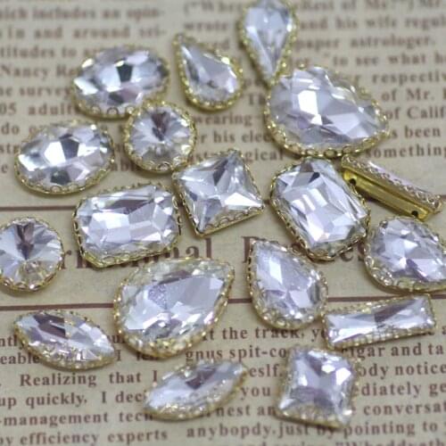 20pcs mix shape crystal clear sew on rhinestone with gold flower claw rhinestone applique DIY wedding dress garments hats shoes