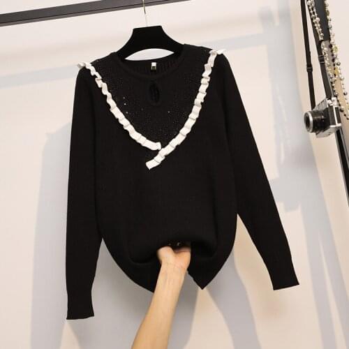 4XL plus size women Patchwork ruffle sweater autumn winter 2021 long sleeve o neck shiny Diamond Oversized pullover jumper