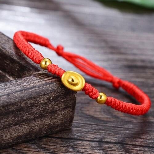 Solid 24k Yellow Gold 3D Lucky Yuanbao Bead Red Cord Knitted Bracelet 16.5cm